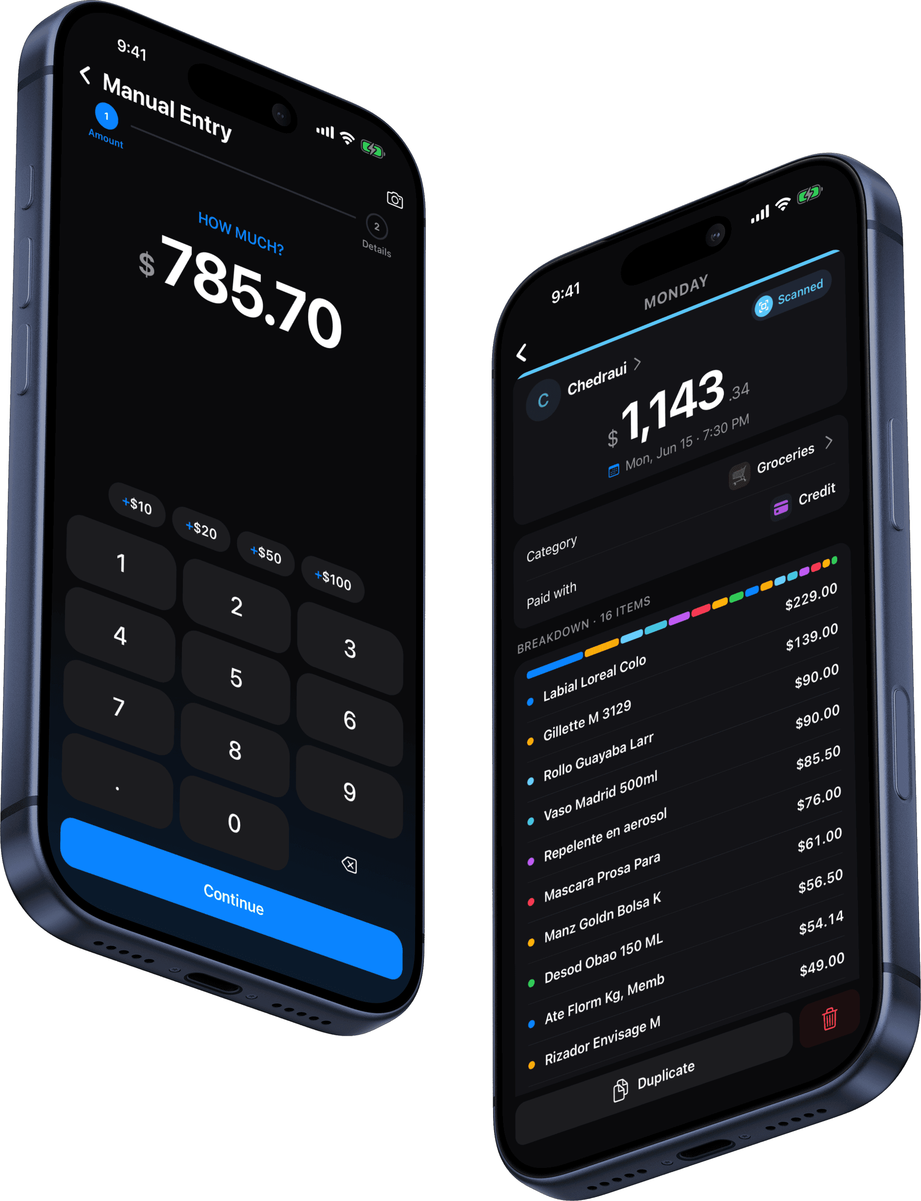 Kial — manual entry and a scanned receipt with line items
