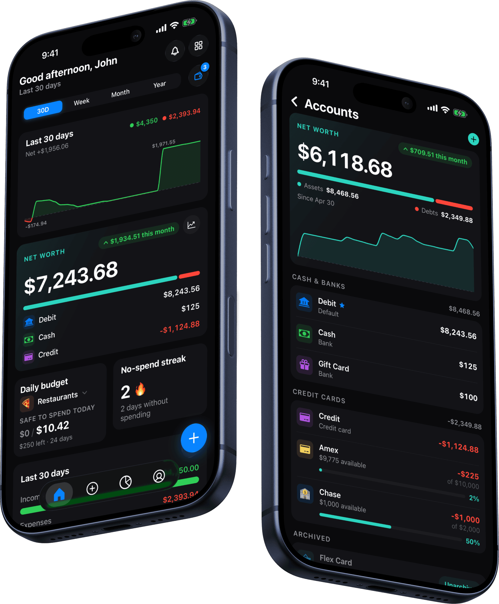 The Kial app showing the home net-worth widget and the accounts screen with account balances and credit-card utilization