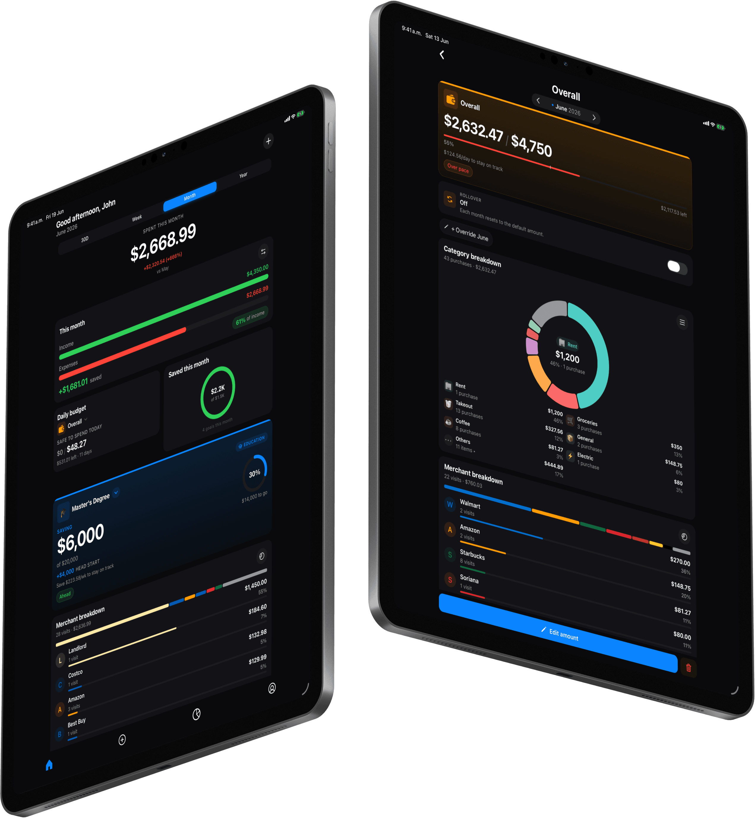 Kial on iPad — home dashboard and budget breakdown