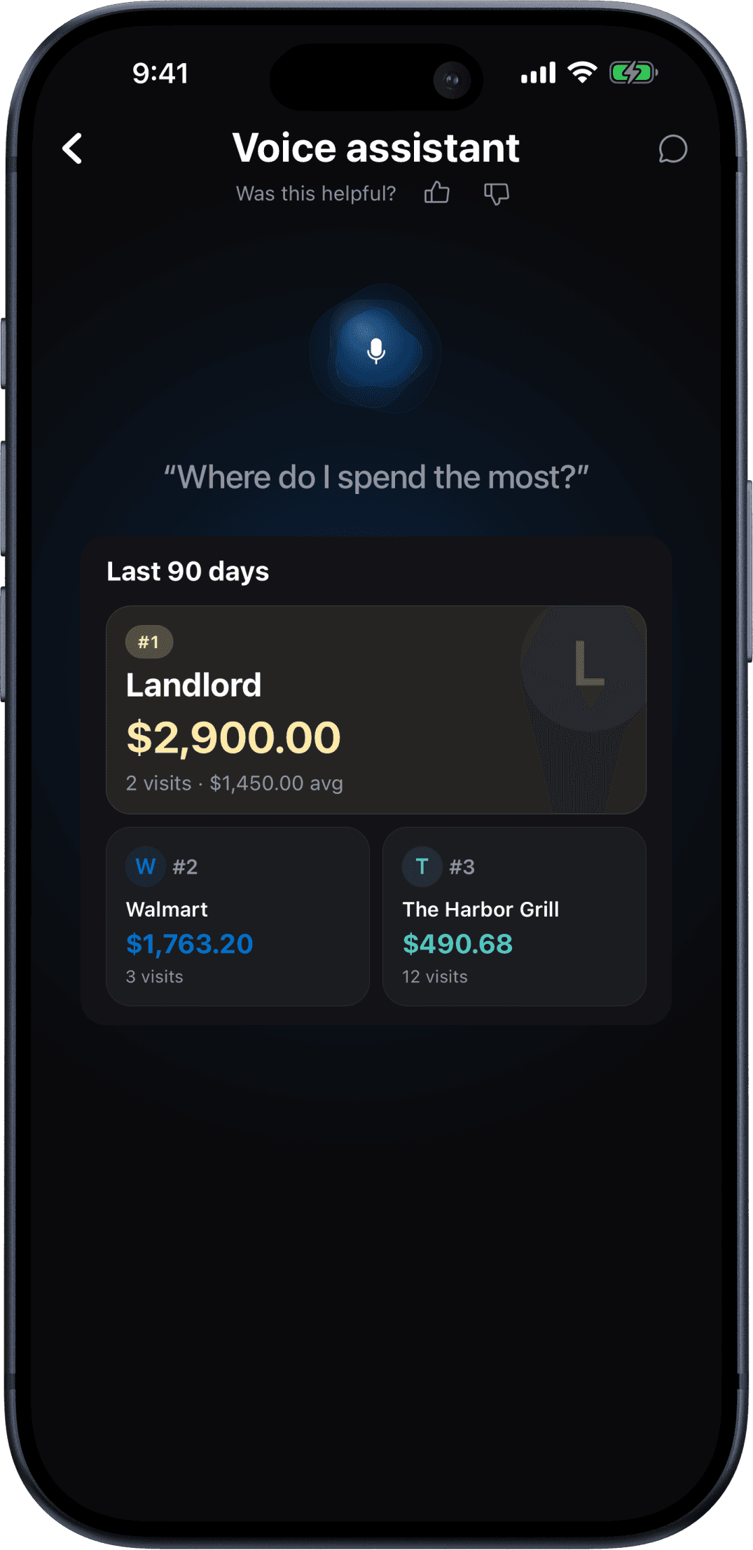 Kial voice assistant answering “Where do I spend the most?” with a ranked list of top merchants
