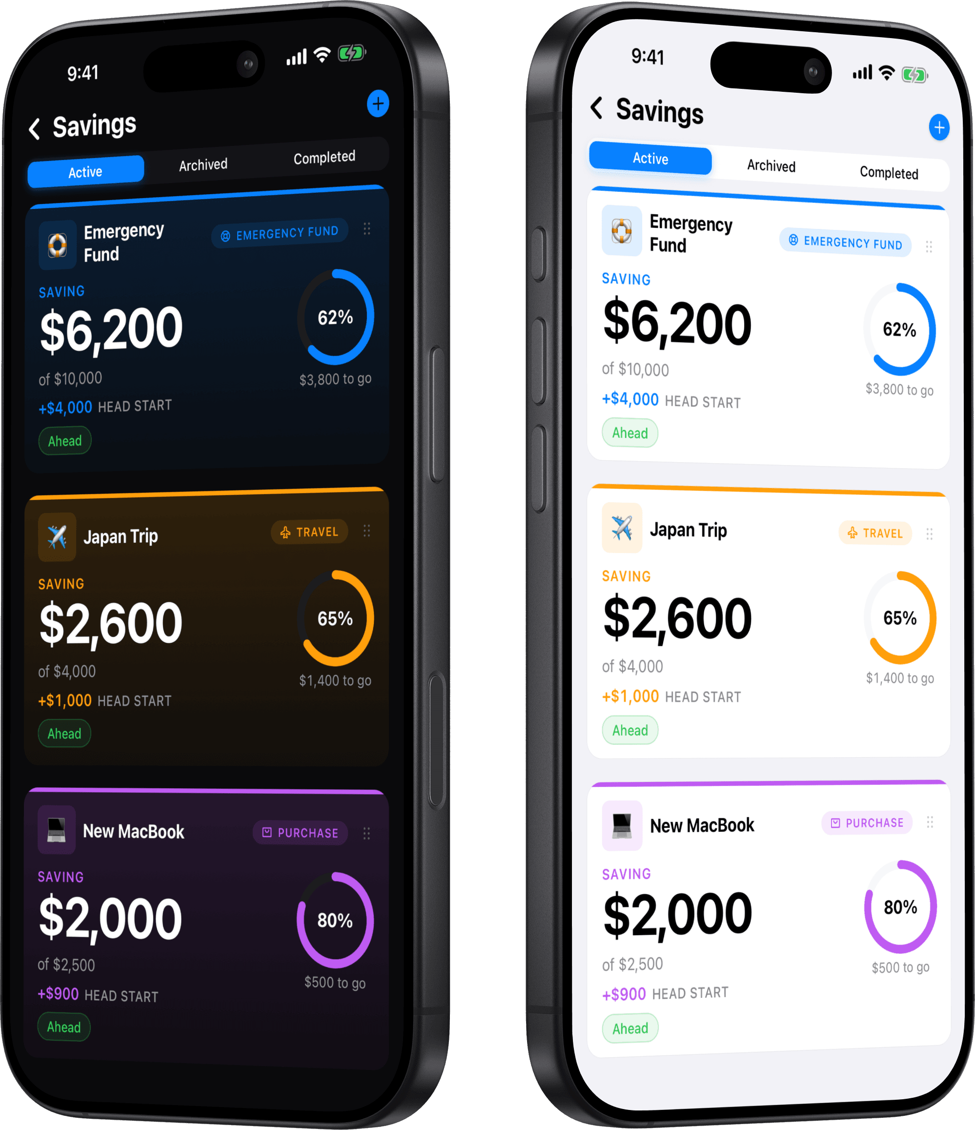 The Kial savings screen shown in dark and light themes side by side