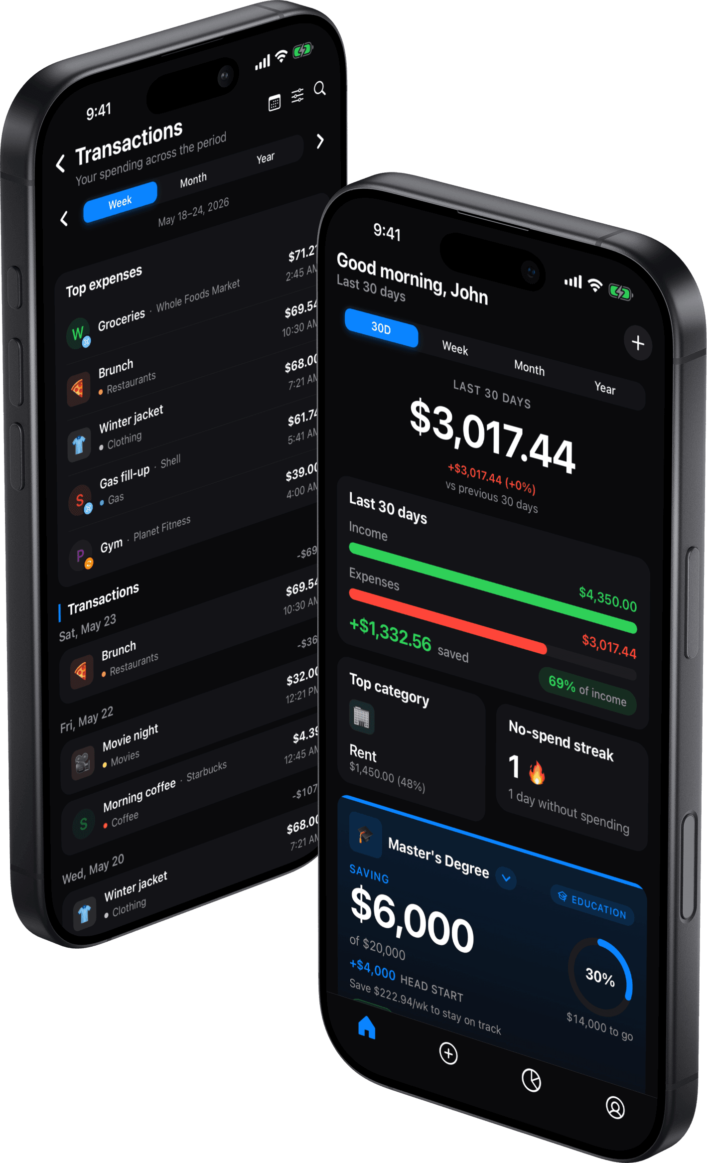 The Kial app showing the transactions list and the home dashboard