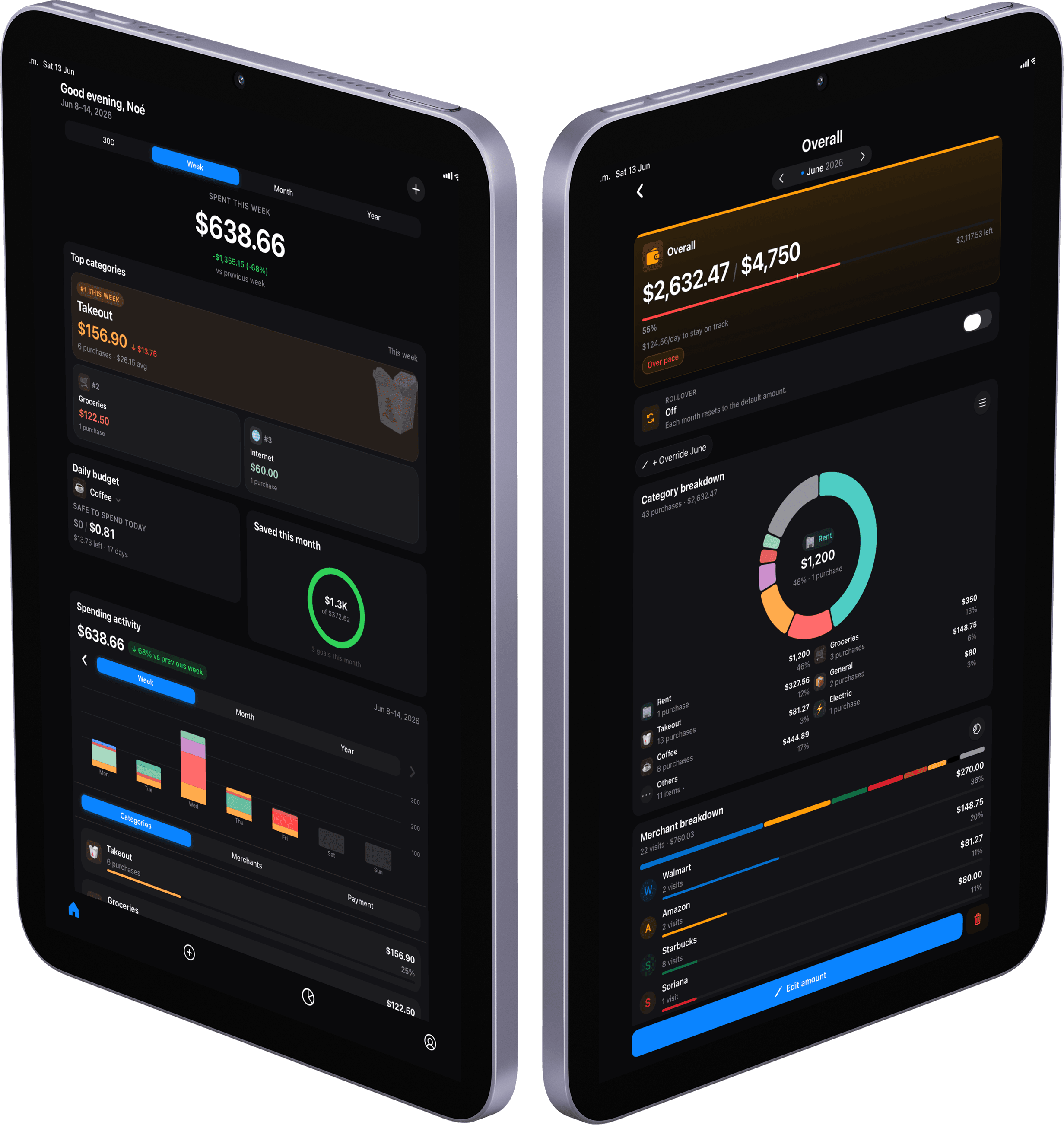 The Kial app on two iPads showing the home dashboard and the budget breakdown