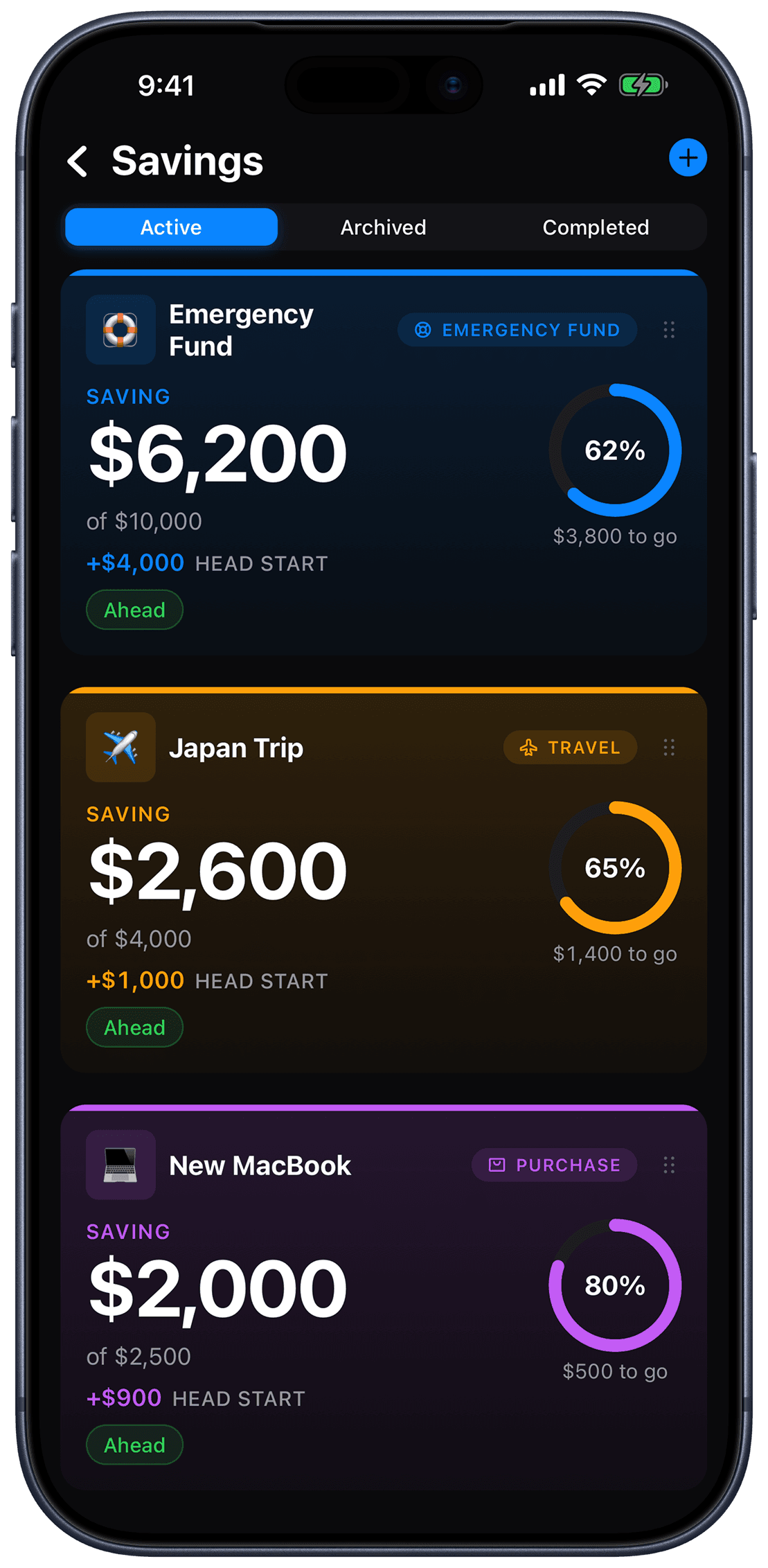 Kial savings screen showing goals like Emergency Fund and Japan Trip with progress rings