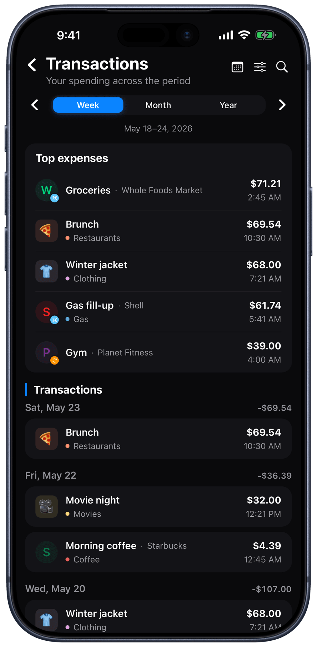 Kial transactions screen listing expenses grouped by day with categories and amounts